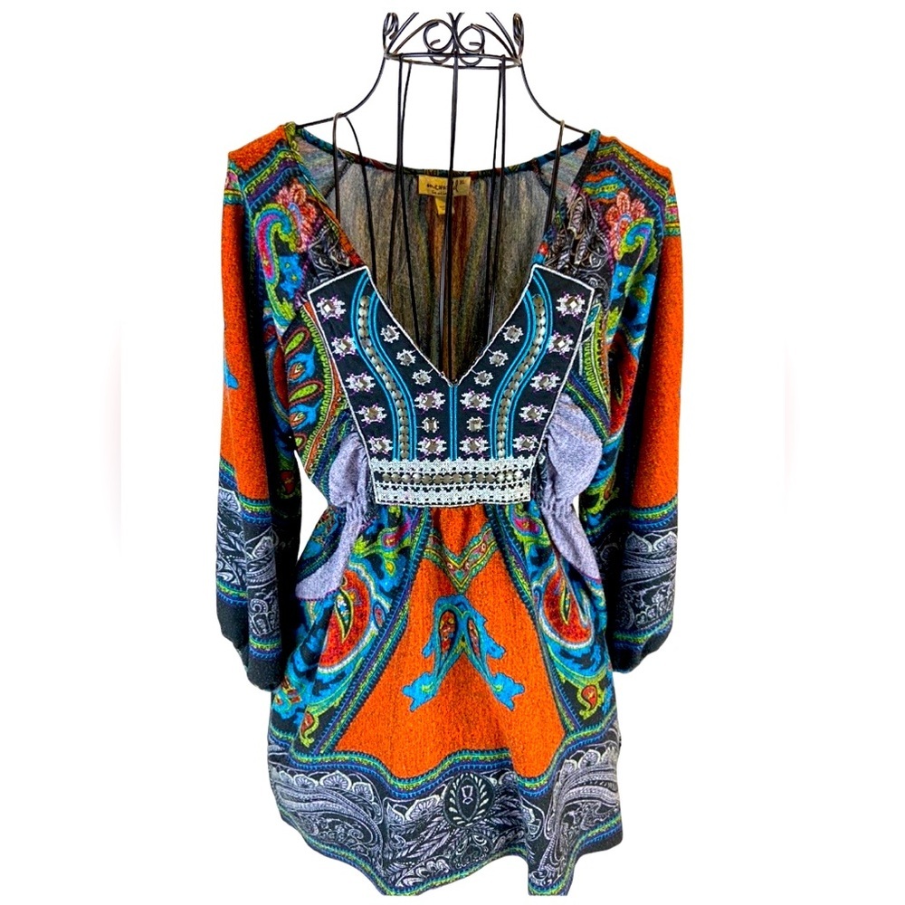 ONE WORLD Orange Multicolor Paisley V-Neck Boho Dress